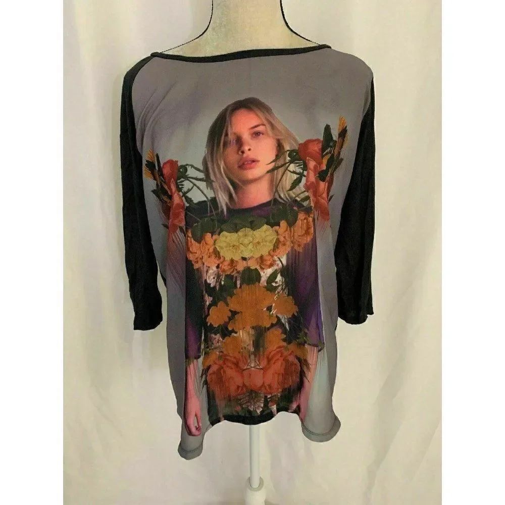 Zara WB Womens Black Purple Gray Floral Woman Print Long Sleeve Top Large